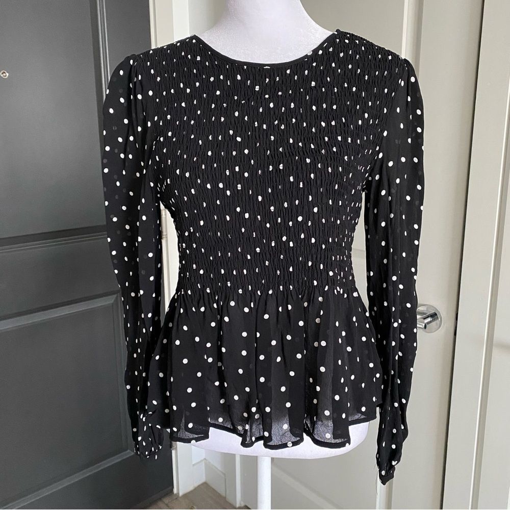 Zara Black and White Polka Dot Long Sleeve Ruffle Hem Blouse Size S